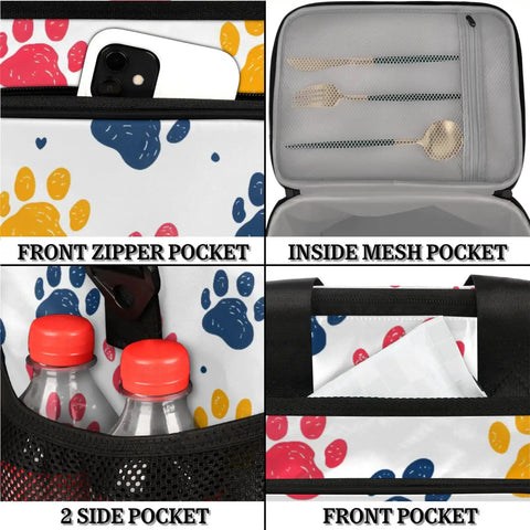 Insulated Picnic Backpack Lunch Tote For Women And Men with pockets and paw print design, detail of side and mesh pockets.