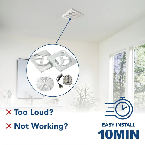 70 CFM Bathroom Exhaust Fan Replacement Motor Kit For DIY Install, showing installation and components, white finish