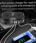 200W Car Power Inverter 12V Dc To 110V Ac With Dual Ac Outlets And Quad Usb Charging Ports for charging devices in a car.