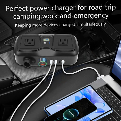 200W Car Power Inverter 12V Dc To 110V Ac With Dual Ac Outlets And Quad Usb Charging Ports for charging devices in a car.