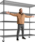 Heavy Duty Garage Shelving Unit With Wheels And Adjustable Feet, Five Tier Steel Wire Storage Rack, 2998 Lb Capacity, 85.7 Inch Tall, Built Tough For Tools And Gear Organization, shown with a man for scale