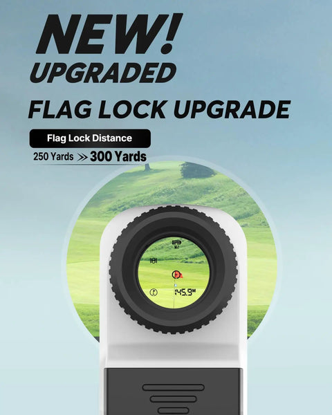 Top Notch Golf Rangefinder With Flag Lock And Pulse Vibration showing flag lock upgrade to 300 yards, eyepiece view.