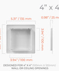 4 X 4 White Square Access Panel For Drywall Made From Tough Abs Plastic With A No Sweat Setup That Drops Right In Fast, measuring 5.31 inches.