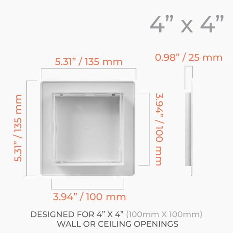 4 X 4 White Square Access Panel For Drywall Made From Tough Abs Plastic With A No Sweat Setup That Drops Right In Fast, measuring 5.31 inches.