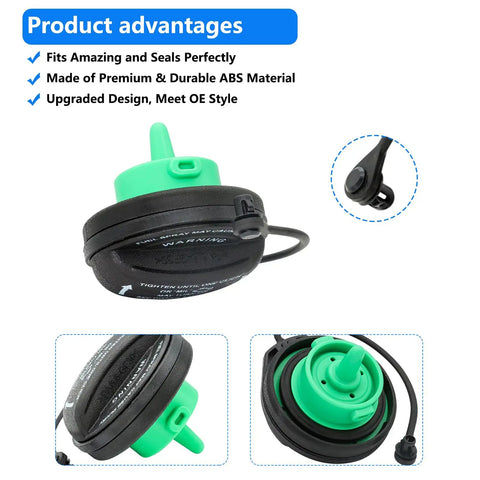 Porsche Cayenne Gas Cap Replacement 95820124131 bolt-on fit shown in green and black with installation details.