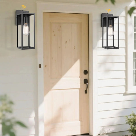 Dusk To Dawn Sensor Outdoor Wall Lantern With Black Finish Modern Wall Sconce For Exterior Wall Lights Weatherproof Outdoor Lighting Easy Mount Wall Mount Fixture mounted beside a wooden door