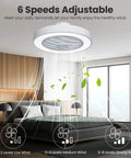 Cool White Ceiling Fan With Light, 20 Inch Low Profile Flush Mount With Remote Control, Three Speeds, Quiet Energy Efficient Fan For Living Room, Dimmable Light, Easy Install, illustrated in a modern bedroom setting