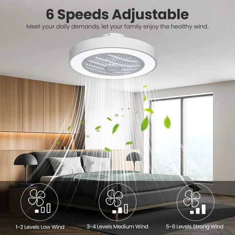 Cool White Ceiling Fan With Light, 20 Inch Low Profile Flush Mount With Remote Control, Three Speeds, Quiet Energy Efficient Fan For Living Room, Dimmable Light, Easy Install, illustrated in a modern bedroom setting
