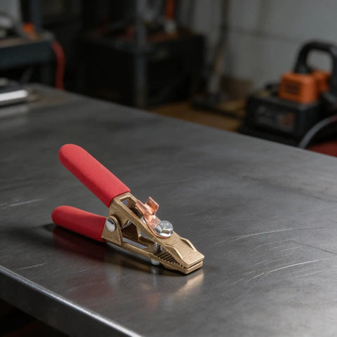 Heavy Duty 260A Brass Welding Ground Clamp With Wide 40mm Jaw For Stable Conduction And Secure Grip On Argon Or Gas Shielded Welding Tasks on metal table.