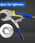 Clamp tool with blue and yellow handle showing tightening mechanism for the Upgraded Snap Button Kit Tool With Three Dies Heavy Duty Fastener.