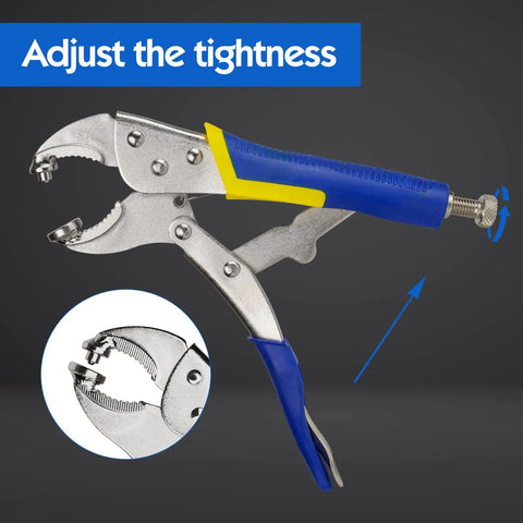 Clamp tool with blue and yellow handle showing tightening mechanism for the Upgraded Snap Button Kit Tool With Three Dies Heavy Duty Fastener.