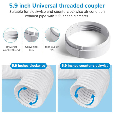 5.9 inch universal threaded coupler for portable air conditioner window kit shown with clockwise and counter-clockwise hose fit