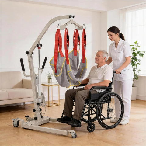 Heavy Duty Electric Patient Transfer Lift With Sling 510 Lbs Capacity shown assisting a senior in a wheelchair.