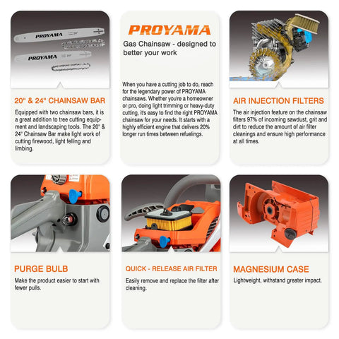 68cc Two Stroke Top Handle Gas Chainsaw With 24 Inch Bar details including filters, bars, purge bulb, and magnesium case