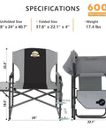 Diagram showing Oversized Directors Camping Chair Set Of 2 Built To Haul 600 Lbs Capacity Heavy Duty Folding Outdoor Chairs dimensions.