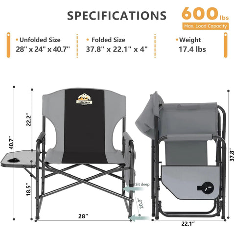 Diagram showing Oversized Directors Camping Chair Set Of 2 Built To Haul 600 Lbs Capacity Heavy Duty Folding Outdoor Chairs dimensions.