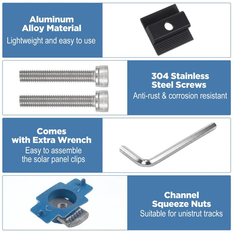 10 Piece Mid Clamp Kit For Solar Panels Compatible With Unistrut Rails 30mm And 35mm Aluminum Brackets Includes M8 Screws Channel Squeeze Nuts And Wrench For A Solid No Fuss Roof Mount On Metal Tin Flat Sheet Roofs Black shown with components.