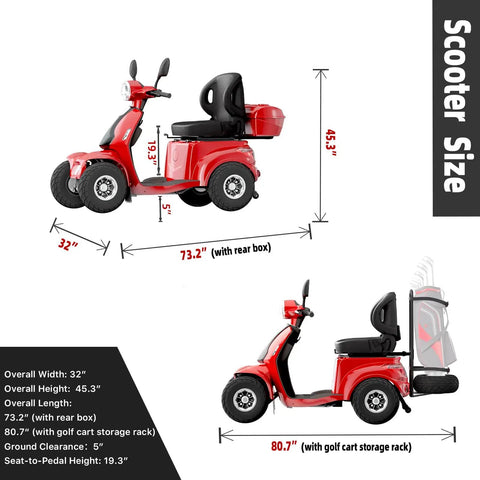 Dimensions of Badass Two In One Electric Golf Cart And Adult Mobility Scooter with rear box, 32" width, 73.2" length.