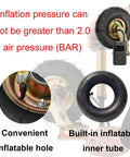 Bulletproof Rubber Caster Wheels For Yard Cart Trolley 2 Pack showing inflatable hole and inner tube with inflation gauge.