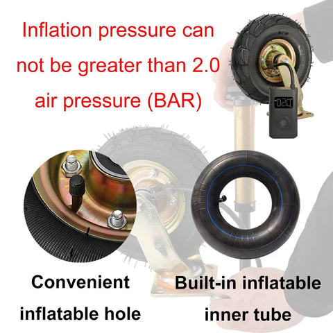 Bulletproof Rubber Caster Wheels For Yard Cart Trolley 2 Pack showing inflatable hole and inner tube with inflation gauge.