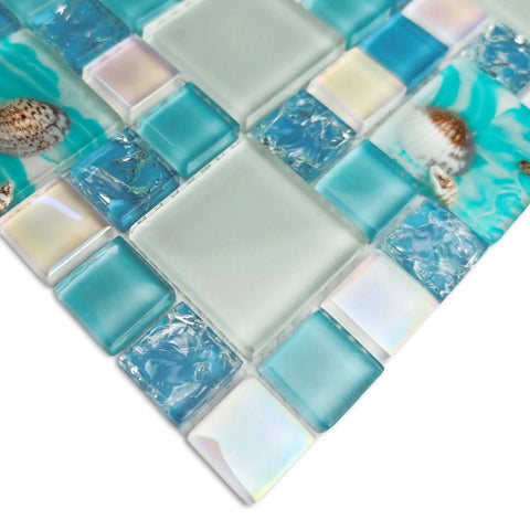Coastal Glass Mosaic Ocean Blue Backsplash Tile With Real Shell Accents Iridescent Cracked Finish For Bathroom Shower Wall Decor And Kitchen Splash 5 Square Feet Turquoise Aqua Ice Blue Tints Glossy And Frosted Glass