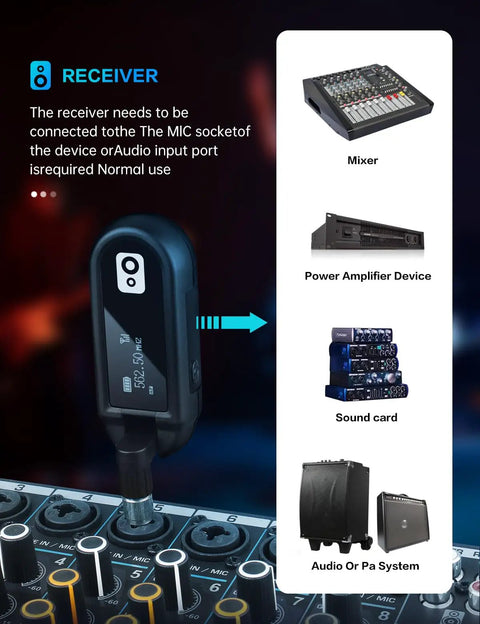 Receiver of UHF Wireless Guitar System With Rechargeable Transmitter And Receiver, 20 Channel Band connected to audio setup