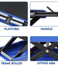 Close-up of a 1100 Lb Motorcycle Scissor Lift Jack With Anti Slip Center Stand And Crank Handle, details of platform and lifting arm.