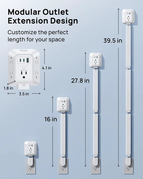 Slick Space Saving Outlet Extender Stick With 360 Rotating Plug And Solid Surge Protector For Behind Couch Bed Nightstand Adjustable Reach Easy Peasy Game Changer Setup, modular design with various extension lengths.