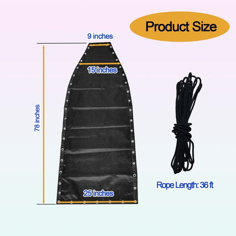 Black Waterproof Vinyl Mesh Replacement With Rope For Patio Curved Hanging Lounge Chair And Chaise Lounger Swinging Chair Replacement Fabric Plus Accessories For Easy Outdoor Setup And Cozy Comfort No Fade, showing fabric dimensions and included rope.