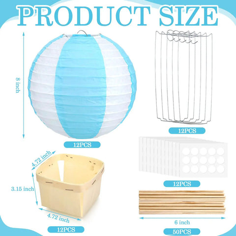 Dope DIY Hot Air Balloon Centerpieces Kit With 12 Blue And White Striped Paper Lanterns 12 Wooden Baskets 50 Wooden Sticks