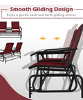 Side view of Two Person Swing Glider Chair with Center Tempered Glass Table, steel frame, mesh seats, burgundy color.