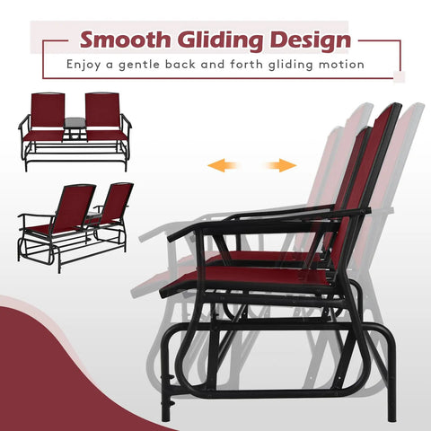 Side view of Two Person Swing Glider Chair with Center Tempered Glass Table, steel frame, mesh seats, burgundy color.