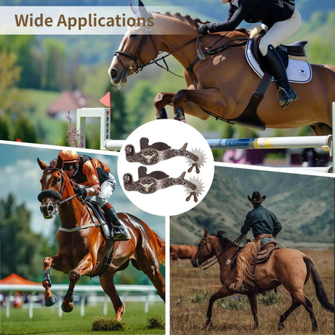 Kickin Western Spurs With Turnable Gear For Cowboy Boots 2 Piece Set Rotating Rowel Design featured alongside riders and horses