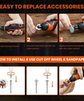 Front view of HARDELL 12V cordless rotary tool in orange and black with 6 speeds and 94 accessories