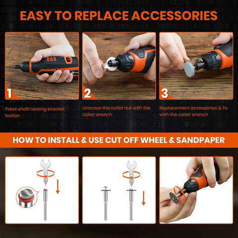 Pro Grade 12V Cordless Rotary Tool Kit with easy accessory replacement instructions and installation guide images.