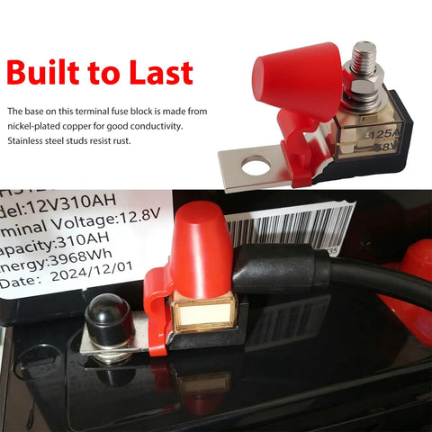 Heavy Duty 125A MRBF Terminal Fuse Block For 58V DC Systems featuring M8 stud, nickel-plated copper base, used in RV and marine applications.