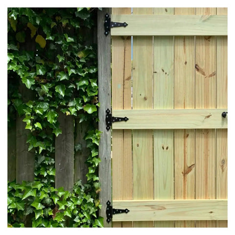 Wooden gate with adjustable 5 inch heavy duty black strap hinge set of 2 for smooth quiet door closing built tough for everyday use