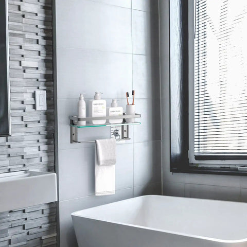 Glass Shelf With Towel Bar For Bathroom, 15.2 By 4.5 Inches, Wall Mount Organizer In Silver above a bathtub