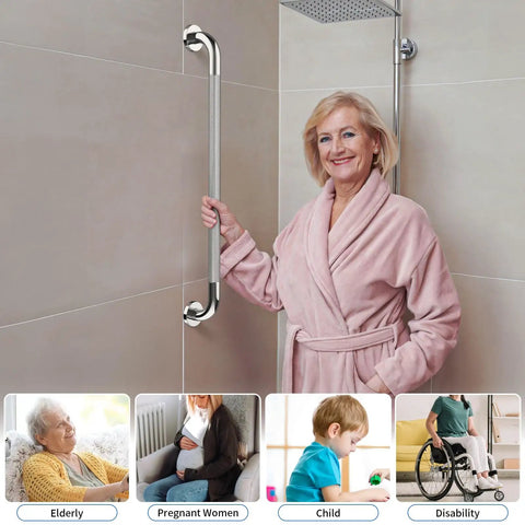 32 Inch Chrome Shower Grab Bar 1.25 Inch Diameter Stainless Steel Wall Safety Rail installed in a bathroom with elderly woman using it