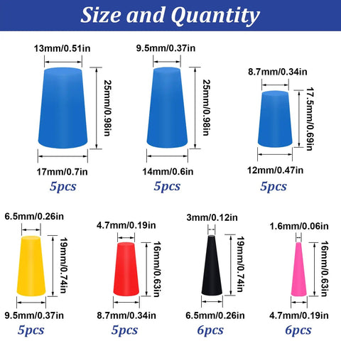 Pro Grade 100 Piece Silicone Rubber Tapered Plug Set diagram with sizes and quantities.