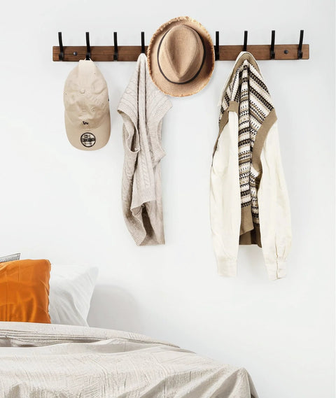 Wall Mounted Coat Rack With Two Hooks, 16.5 Inch Wood Base, Narrow Space Wall Hanger for Coats Hats Bags Keys Towels in bedroom
