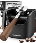 Knock Box For Espresso Grounds, Go To Pro Grade Stainless Steel Barista Tool With Removable Knock Bar, Handle And Lid, Dishwasher Safe, 4.8 Inch, Black, Your Countertops Stay Clean Between Shots shown with coffee beans.