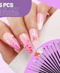 Close-up of manicured nails with pink designs and displayed 15-piece nail art brush set from All-In-One Nail Art Tools Kit.