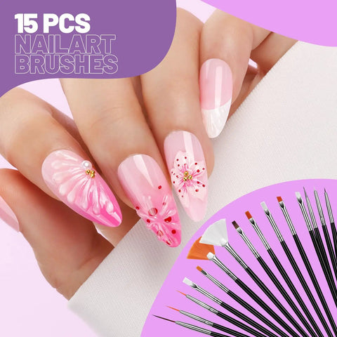Close-up of manicured nails with pink designs and displayed 15-piece nail art brush set from All-In-One Nail Art Tools Kit.