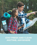 Couple hiking with XL Shower Wipes For Adults No Rinse Bathing On The Go Clean Up Wipes for travel in backpack