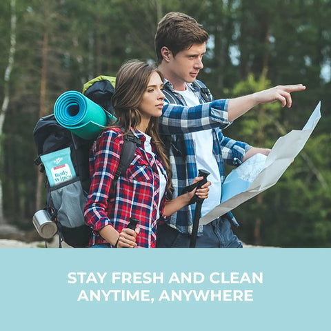 Couple hiking with XL Shower Wipes For Adults No Rinse Bathing On The Go Clean Up Wipes for travel in backpack