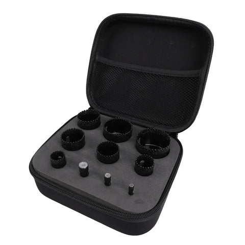 Jiawu Heavy Duty Serrated Hole Saw Kit For Tough Ceramic Glass Tile Marble Gypsum. Brazed Carbon Steel With Thick Carborundum Coating Makes These Power Drill Bits Totally Sick For Fast Boring And Heavy DIY Projects That Need Real Durability And Serious. 10-piece set in zip case