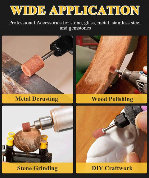 Sanding bits kit for Dremel rotary tool with 1/8 in shank; metal derusting, wood polishing, stone grinding, DIY craftwork.