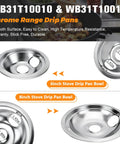 Image of WB31T10010 and WB31T10011 Chrome Range Drip Pans showing smooth 6-inch and 8-inch chrome-plated steel stove pan bowls.
