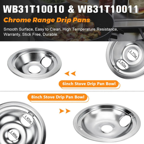 Image of WB31T10010 and WB31T10011 Chrome Range Drip Pans showing smooth 6-inch and 8-inch chrome-plated steel stove pan bowls.